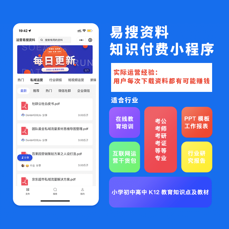 【微信小程序】易搜资料V1.1.0知识付费小程序，一款文件资源类知识付费小程序-Ai搜码网
